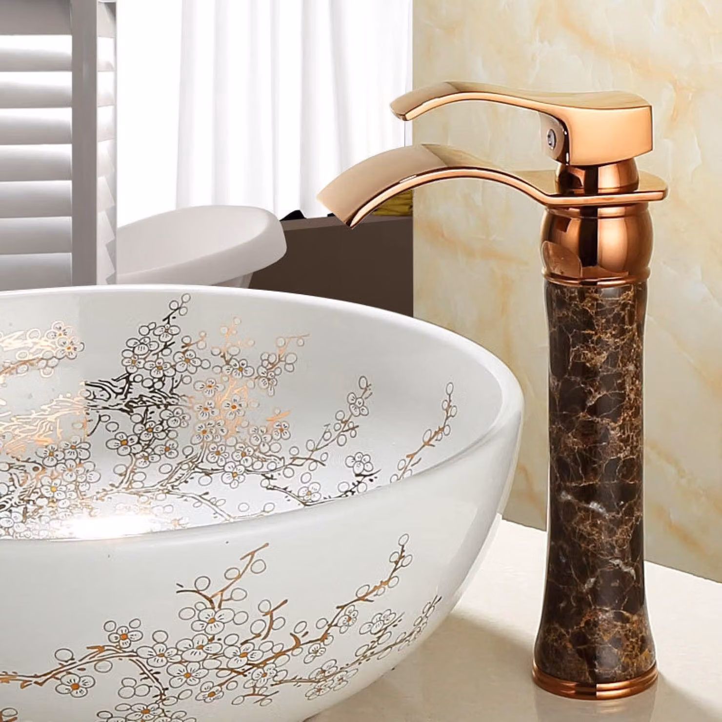 Rubinetto per lavabo - Miscelatore a cascata dorato con acqua calda e fredda