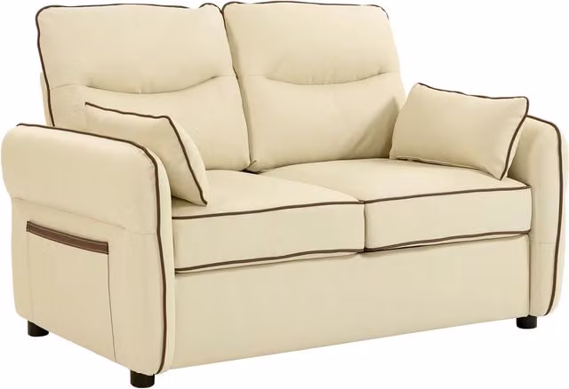 Divano 2 Posti 136x81x90 cm con Imbottitura Spessa Tasca Laterale e 2 Cuscini in Finta Pelle Beige