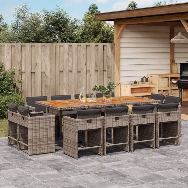 Set da pranzo da giardino vidaXL in polyrattan con cuscini grigi e tavolo in legno di acacia da 13 pezzi