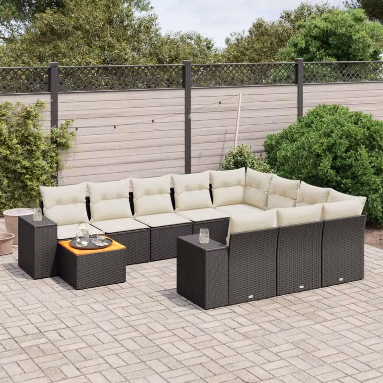 vidaXL Set Divani da Giardino 11 pz a Forma a L in Polyrattan Nero con Cuscini e Tavolino da Esterno