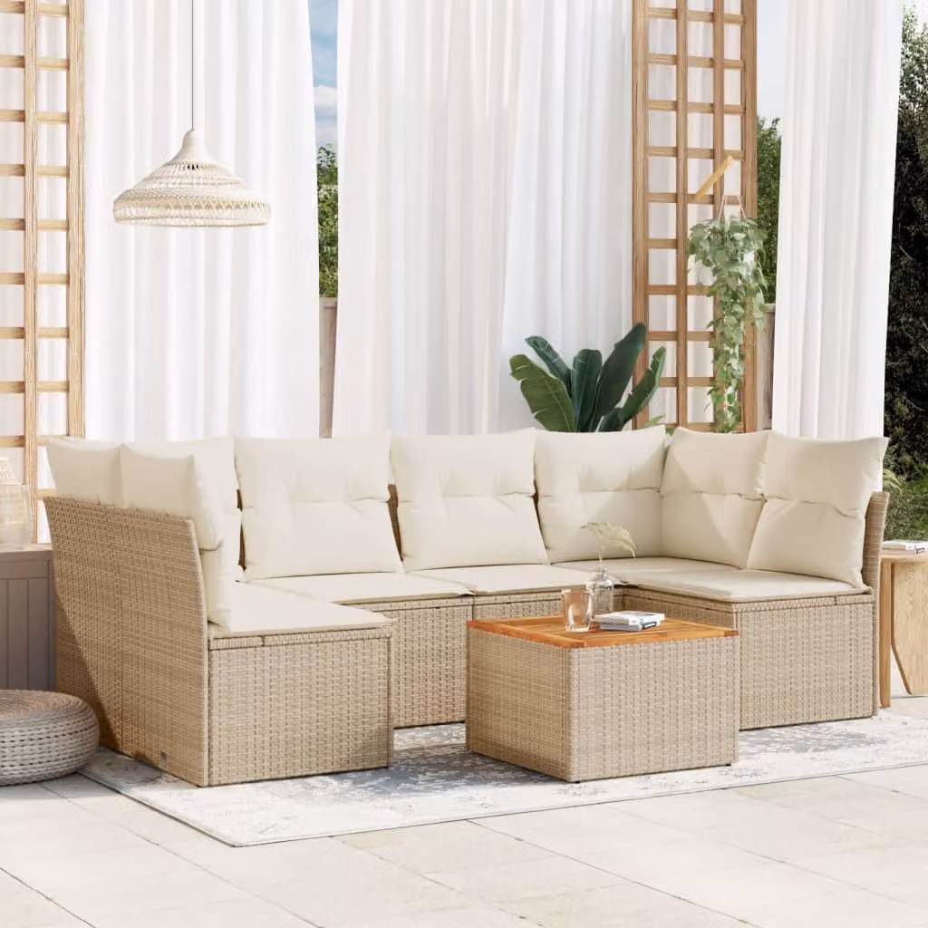 Set Divani da Giardino vidaXL 7 pz a Forma a L con Tavolino, Cuscini Beige e Struttura in Legno di Acacia e Metallo – 1