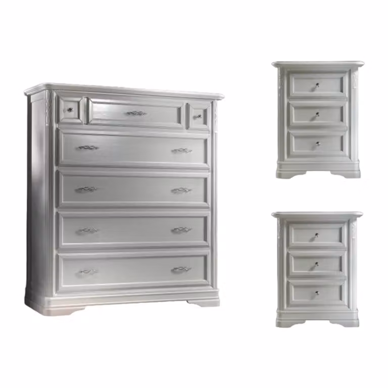 Set composto da cassettiera ribaltabile e 2 comodini intarsiati in legno massello bianco Mobili 2G