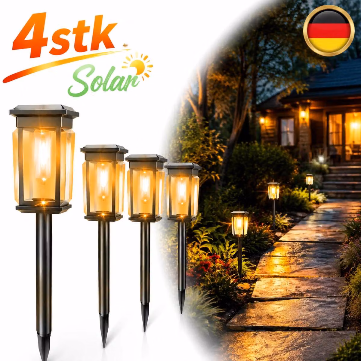 Lampada da giardino solare, estremamente luminosa, con LED. Set di 4 pezzi, grado di protezione IP67, impermeabile