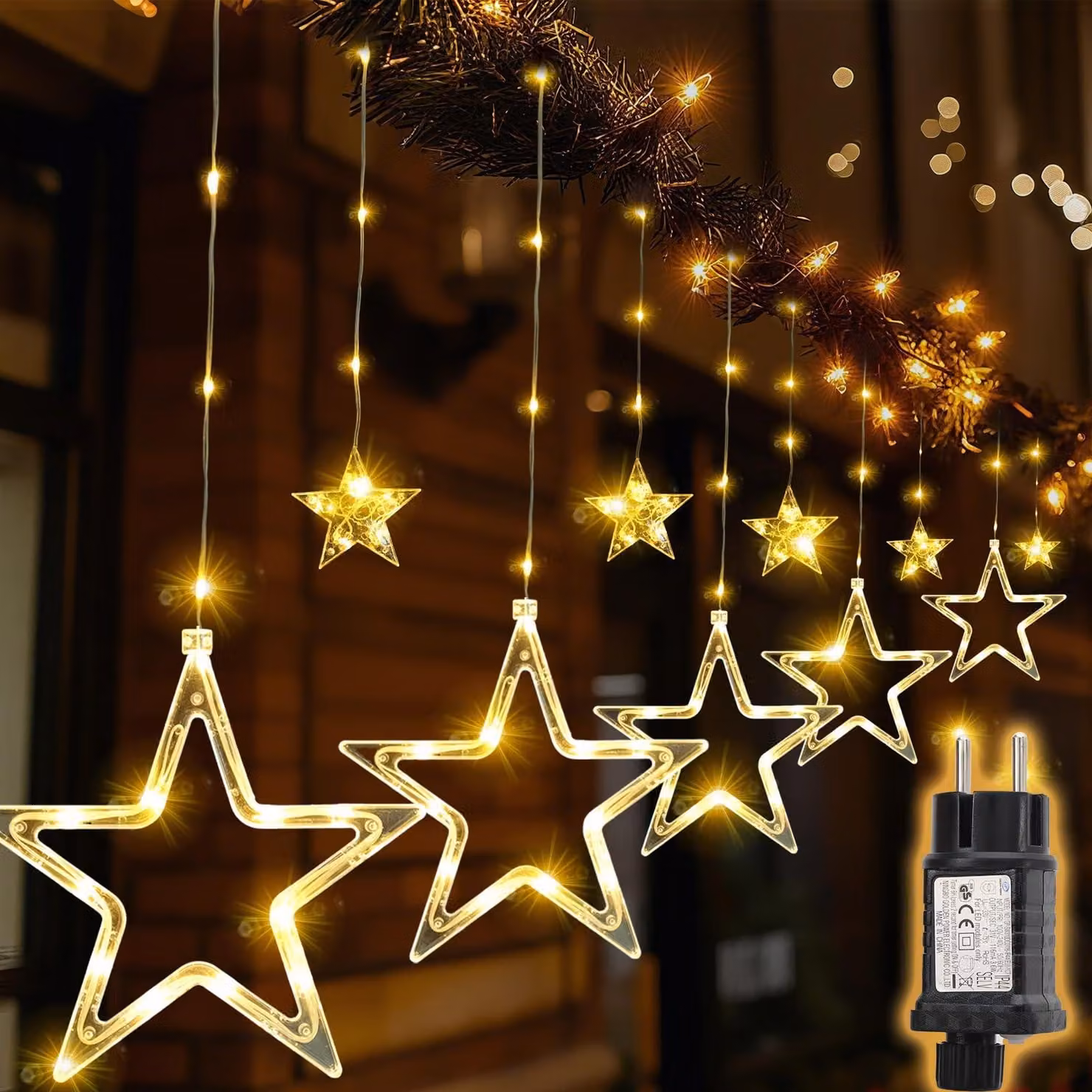 Tenda luminosa a LED, 2 metri, 160 LED, 10 stelle, luce bianco caldo, grado di protezione IP44