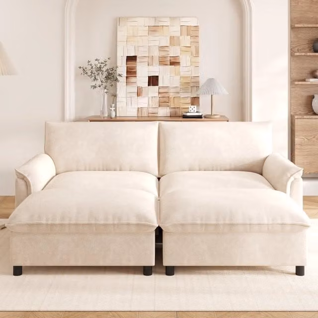 Divano letto Mivray beige con pouf contenitore e cuscini sfoderabili L: 216 cm, P: 82 cm, H: 77 cm