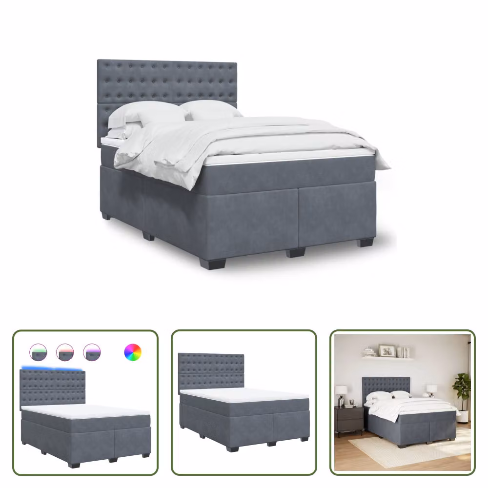 The Living Store Letto a molle con materasso grigio scuro 140x190 cm in velluto