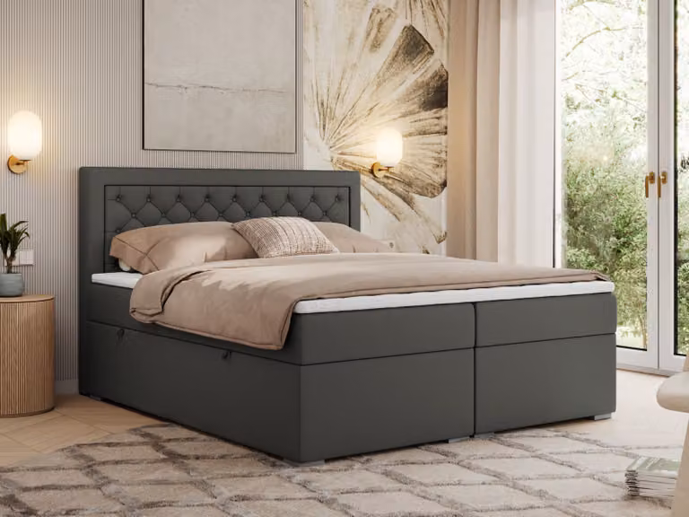 Letto boxspring MKS MEBLE 160x200 con contenitore, letto imbottito 160x200 con materasso H4 e topper, letto boxspring 160x200, letto imbottito 160x200, letto 160x200 con testiera - ecopelle grigio scuro - H4 - JASIR