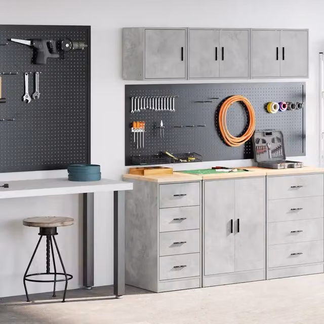 Set di 2 armadi da garage vidaXL in legno multistrato, colore grigio cemento, modello da appendere a parete