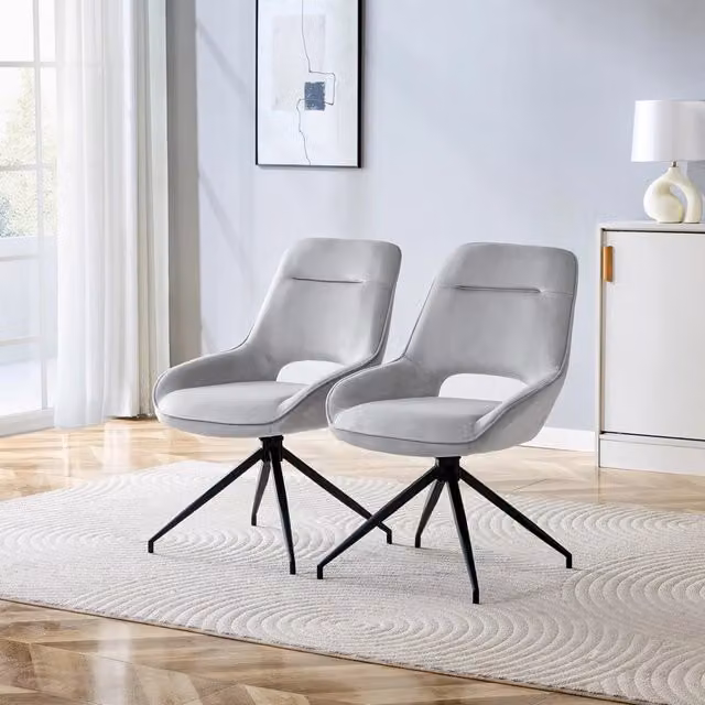 Sedia da pranzo girevole 360° in velluto con imbottitura in schiuma e gambe in metallo nero grigio chiaro