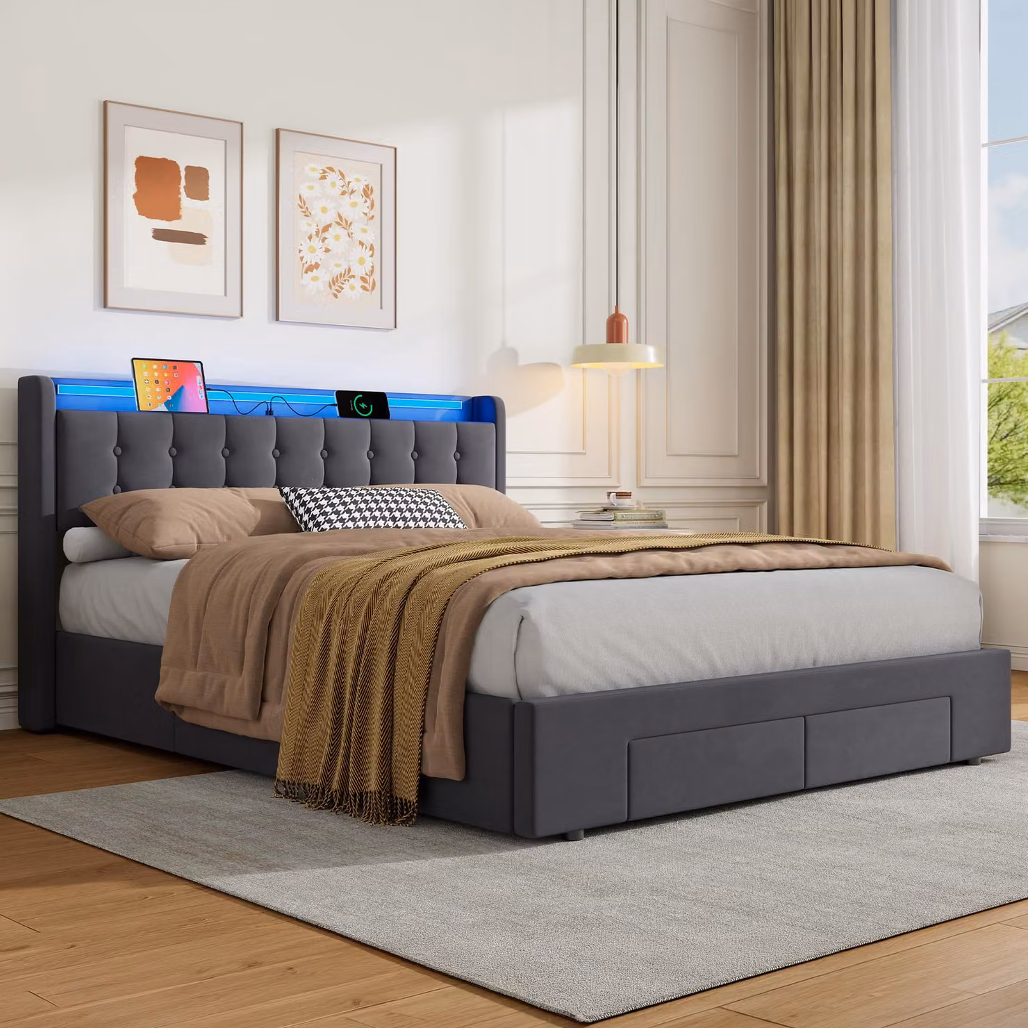 okwish Letto imbottito 160×200 con illuminazione a LED e prese elettriche, letto matrimoniale con prese elettriche e testiera contenitiva, grigio, materasso escluso