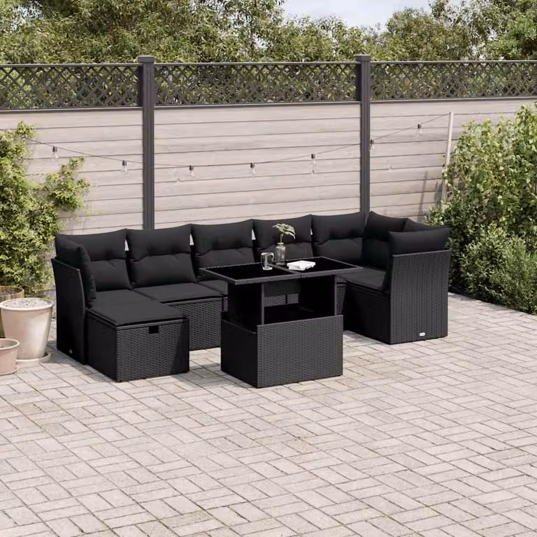 vidaXL Set Divani da Giardino a L con Cuscini 8 pz Nero in Polyrattan e Acciaio