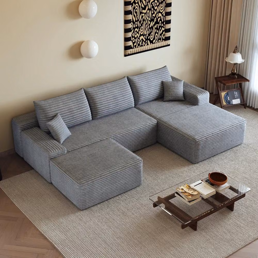 Divano modulare a forma di L - 4 posti - Rivestito in corda - Chaise longue rettangolare - Non richiede montaggio - Struttura senza telaio - Grigio