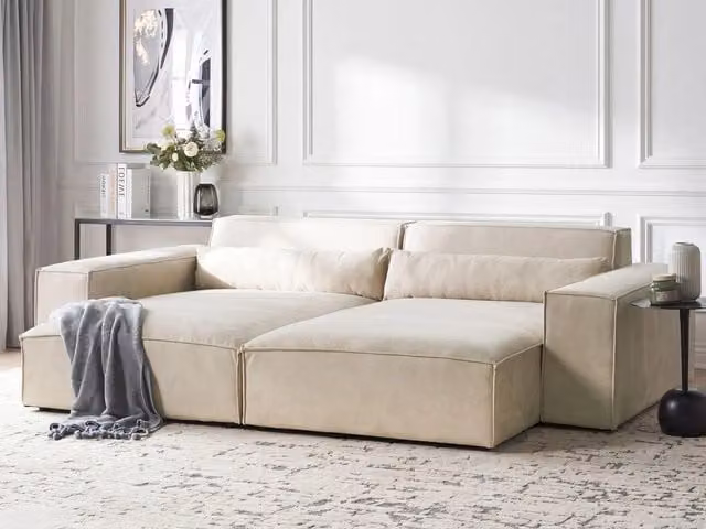 Divano angolare modulare a 2 posti a destra con ottomana Divano componibile in velluto beige con gambe nere Soggiorno moderno