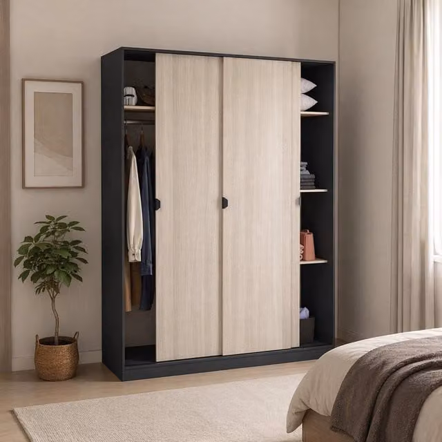 Armadio moderno DMORA per camera da letto con ante scorrevoli e ripiani interni, finitura rovere, L/P/H: 150 x 50 x 200 cm, colori antracite, marrone e grigio