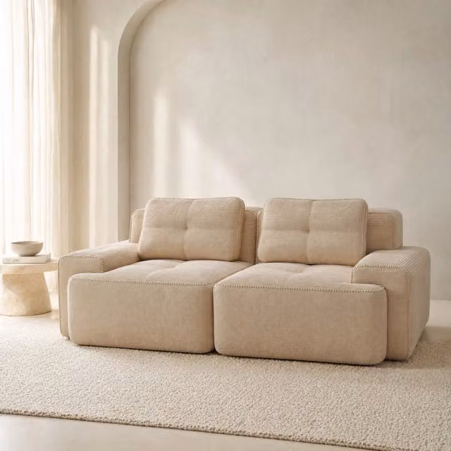 Divano modulare boneless in corduroy beige; seduta profonda 74 cm