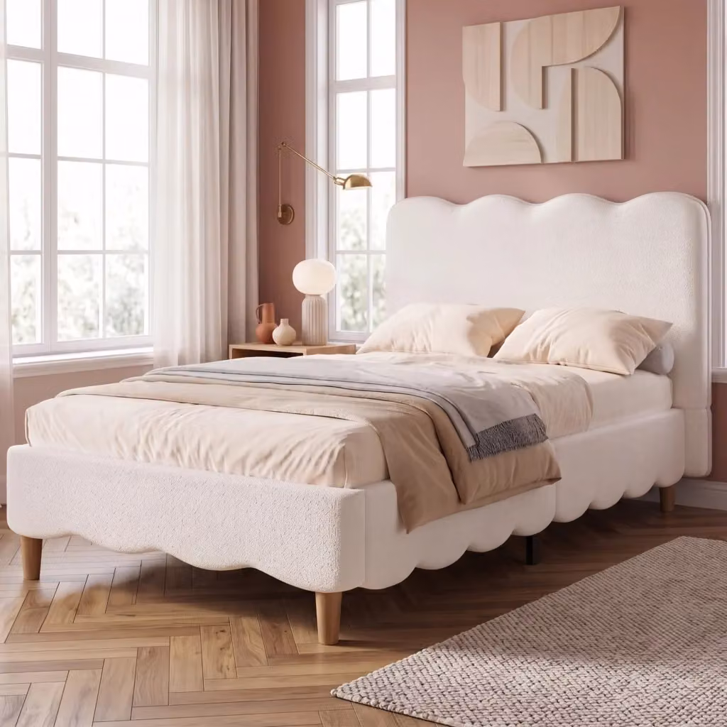 Letto singolo imbottito MODFU in bouclé bianco con testiera e gambe in legno massello L/P/H: 90 x 200 cm – 2