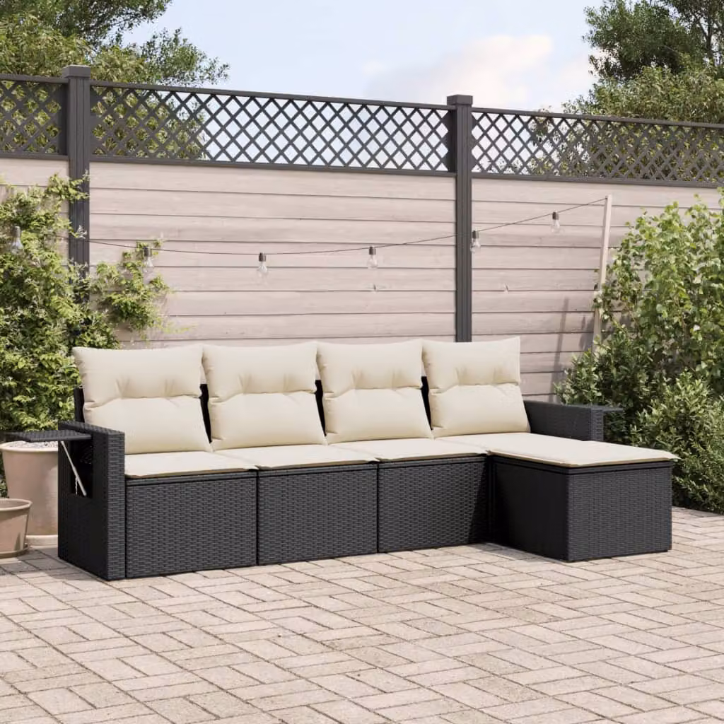 vidaXL Set Divani da Giardino 5 pz in Polyrattan Nero con Cuscini e Ottoman per Terrazza e Giardino – 1
