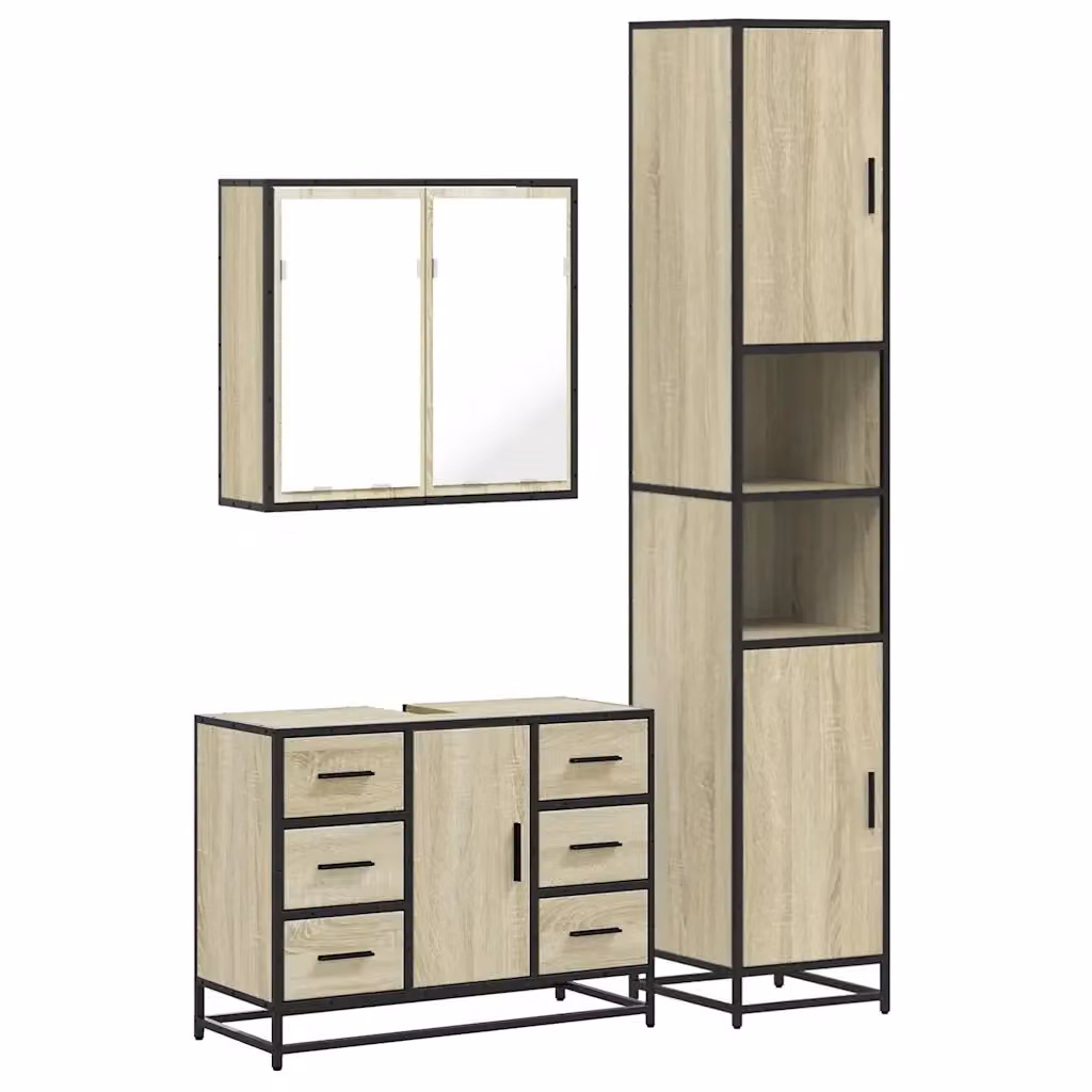 Set Mobili da Bagno 3 Pezzi vidaXL in Stile Industrial, Colore Marrone e Beige, con Armadietto Specchio, Mobile Lavabo e Colonna Alta – 2