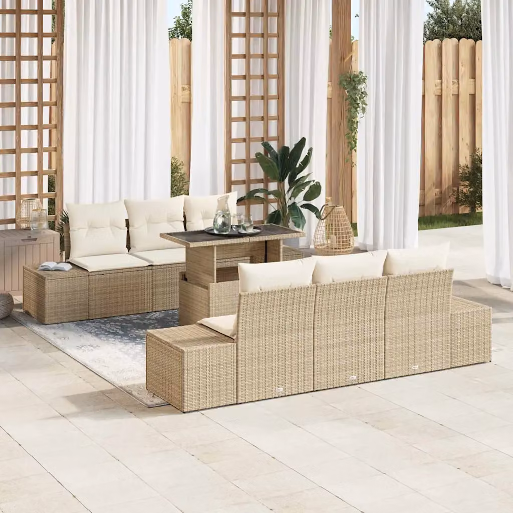 Set Divano da Giardino vidaXL 7 Pezzi Beige e Bianco con Cuscini e Tavolino da Esterno in Acciaio Verniciato a Polvere – 1