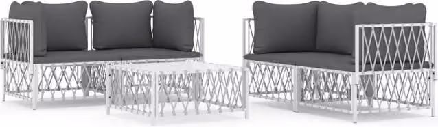 Set da giardino Outsunny composto da 5 pezzi con divano a 2 posti, elemento angolare, tavolino da caffè e cuscini in tessuto textilene, struttura in acciaio verniciato bianco e grigio, design moderno a forma di L