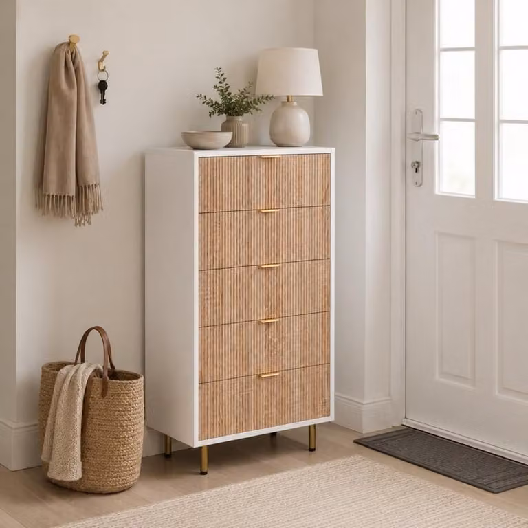 Comodino ProximaX con 5 cassetti, bianco, design moderno con frontale effetto legno e maniglie dorate