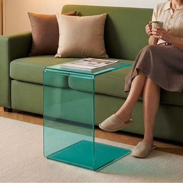 Tavolino laterale Trölmapilu en.casa in vetro verde con design a forma di C, L/P/H: 60 x 40 x 40 cm