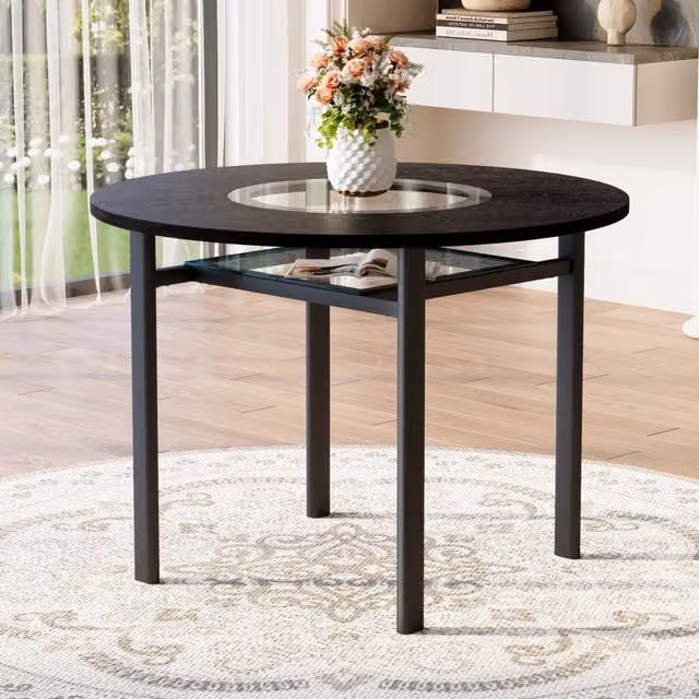 Tavolo rotondo moderno WISHDOR con piano in MDF nero opaco, inserto in vetro grigio trasparente e struttura in metallo, Diametro: 100 cm