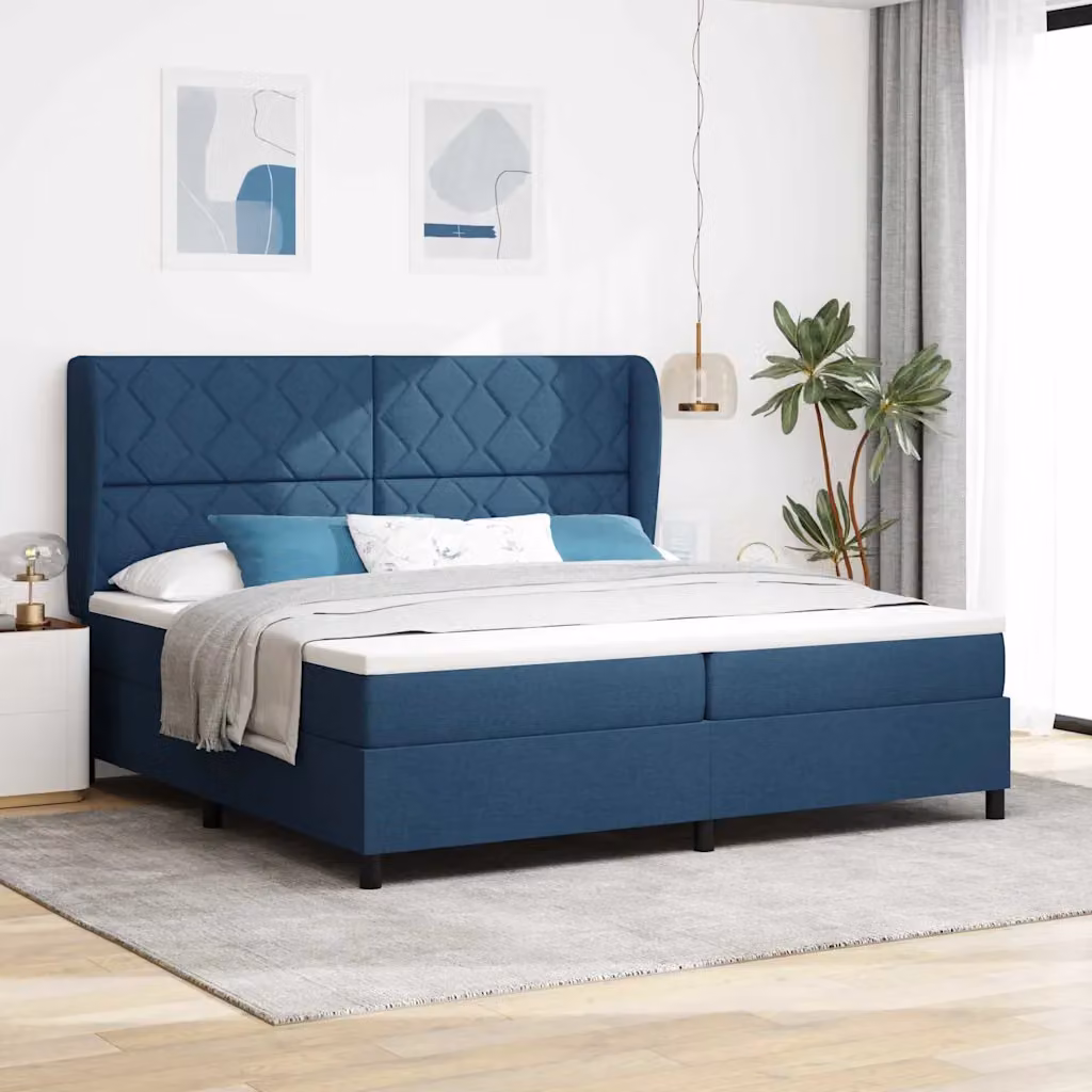 Letto a molle con testiera vidaXL in tessuto blu con struttura in legno e design geometrico L/P/H: 200 x 200 x 128 cm