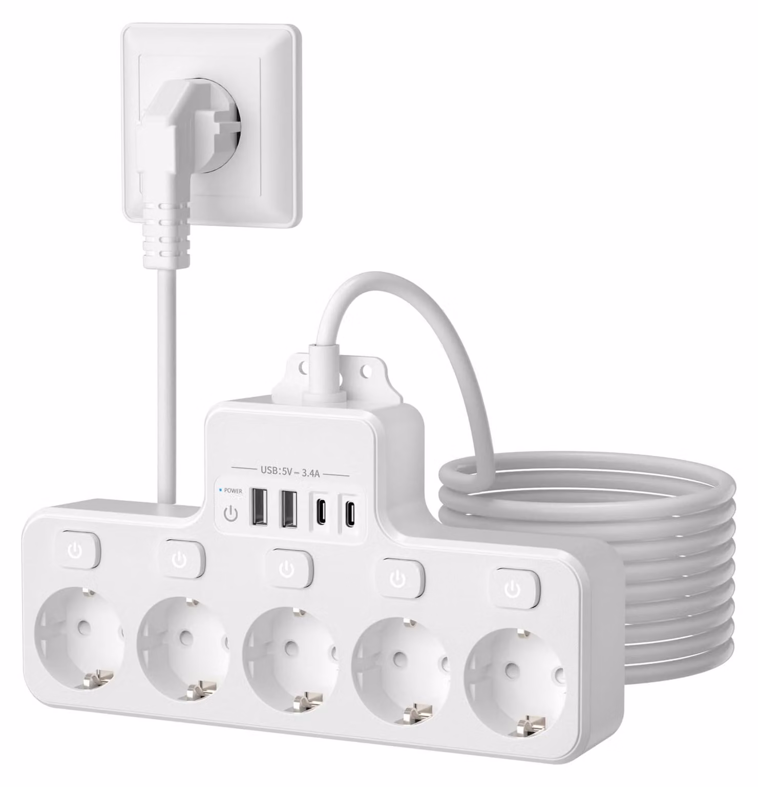 Ciabatta multipresa Meisax, extrapiatta, da montaggio a parete, bianca, con 5 prese e 2 porte USB-A