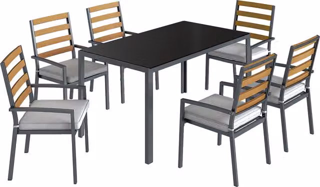 Set da pranzo da giardino Outsunny composto da 7 pezzi con tavolo rettangolare in vetro e sedie in metallo nero e grigio per 6 persone – 1