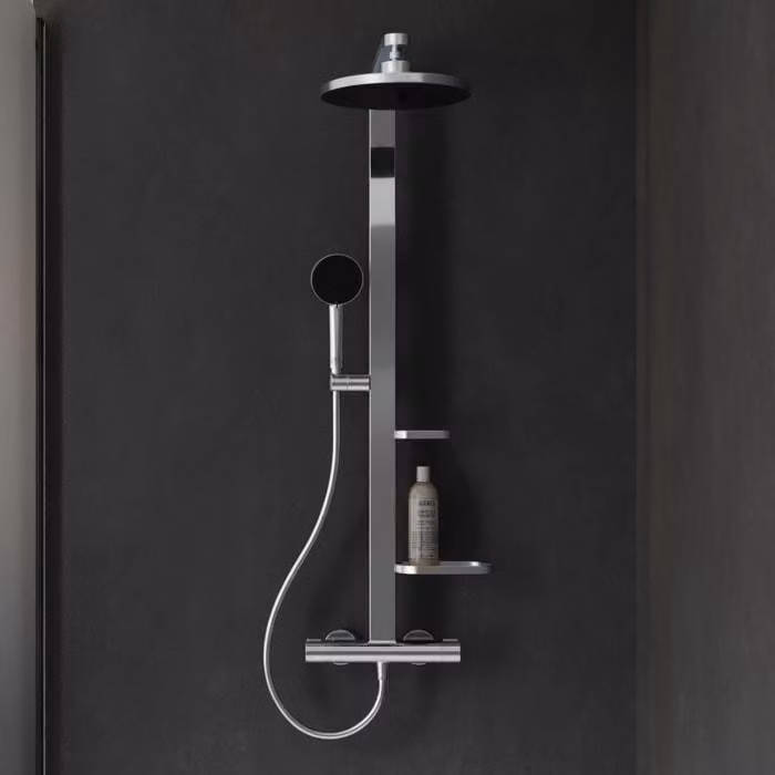 Sistema doccia Ideal Standard Ceratherm Alu+ con termostato per doccia, 2 ripiani, doccetta manuale a 2 funzioni e soffione a 2 funzioni