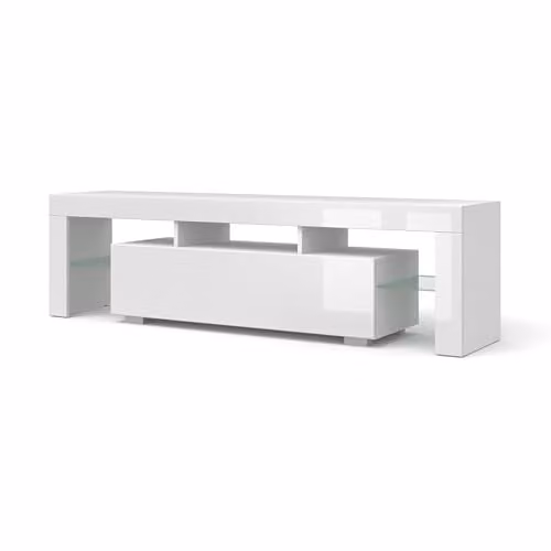 Mobile TV da 160 cm, bianco opaco/bianco lucido, moderno mobile per il soggiorno con vano portaoggetti, frontali in MDF, pannelli in vetro (bianco opaco/bianco lucido senza LED)
