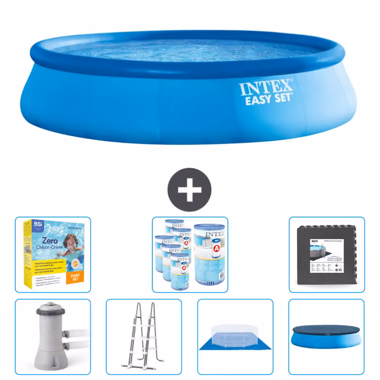 Piscina gonfiabile rotonda Easy Set di Intex - 457 x 107 cm - blu - pompa inclusa - scaletta - telo per il pavimento - pacchetto di manutenzione della copertura - filtro - piastrelle per il pavimento