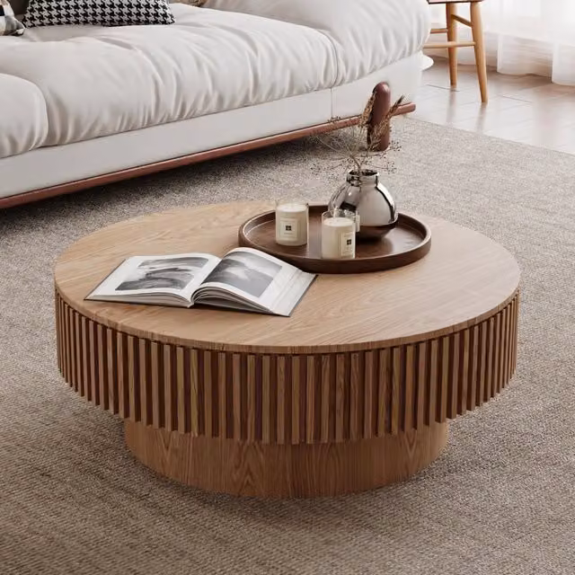 Tavolino basso contenitore rotondo con vano interno, in MDF e impiallacciatura effetto legno, per soggiorno, 75 cm
