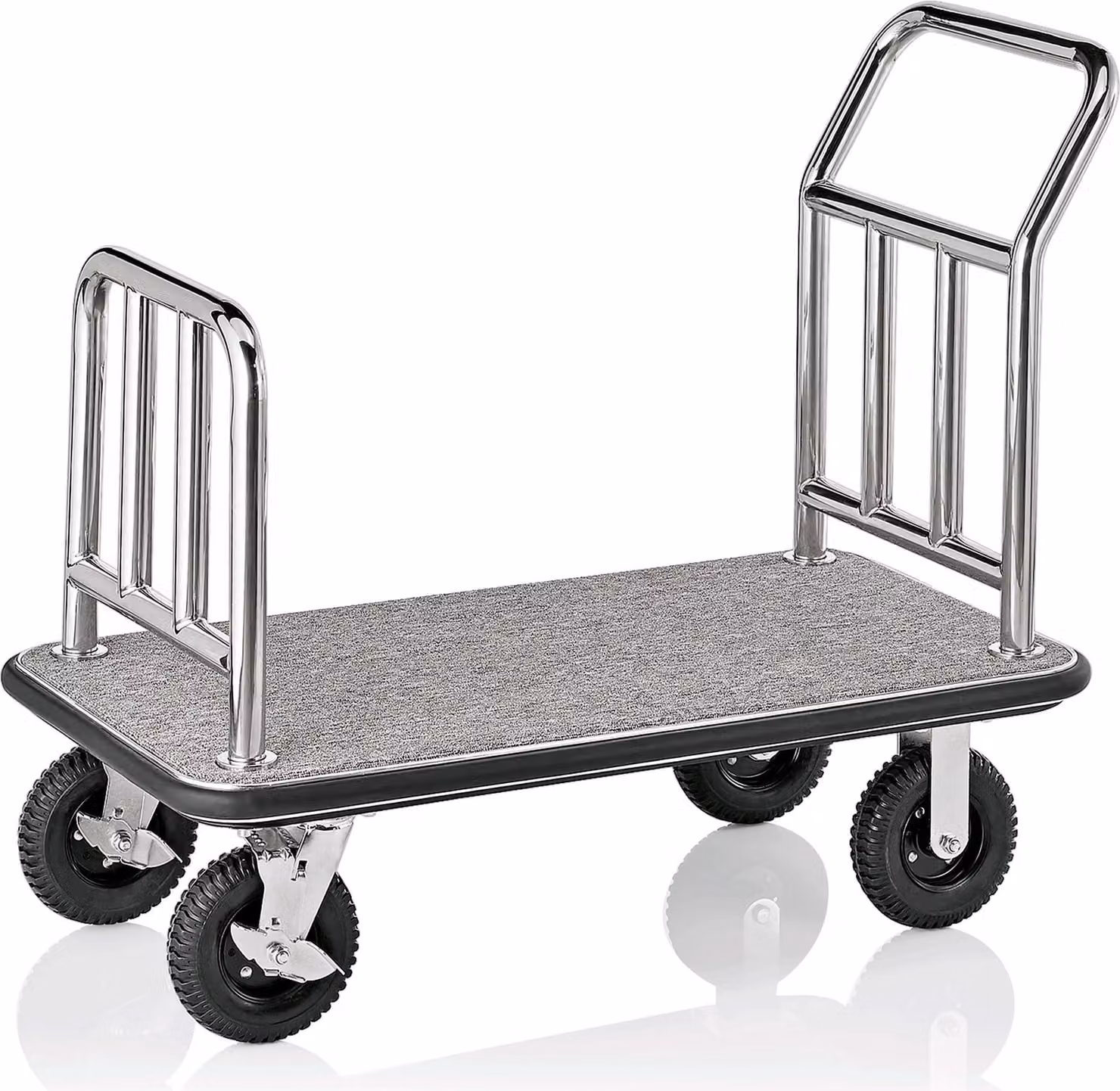 Carrello per trasporto bagagli, design piatto, tubo in acciaio inox, rivestimento in moquette grigia