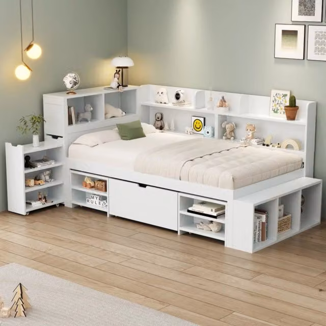 Letto per bambini 90x200 singolo bianco con cassetti e libreria