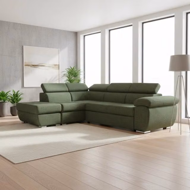 Divano Letto Angolare Fiona con Penisola Sinistra e Pouf Contenitore Verde, L/P/H: 264 x 220 x 91 cm