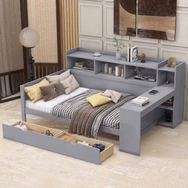 Letto divano singolo 90 × 200 cm con scrivania, 2 cassetti, vani portaoggetti, presa USB, senza materasso, grigio
