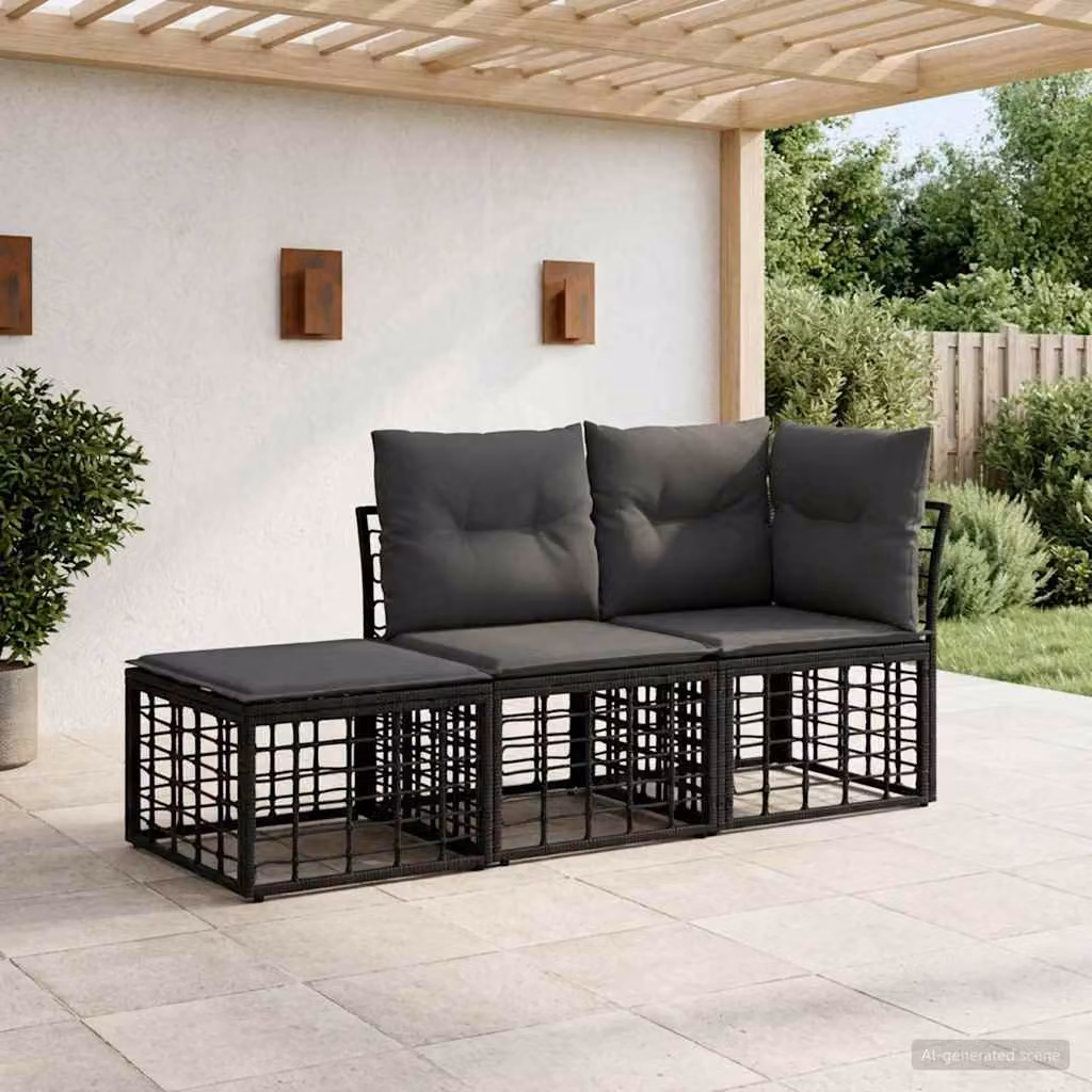 Set di divani da esterno a L vidaXL in polyrattan nero con cuscini e pouf incluso