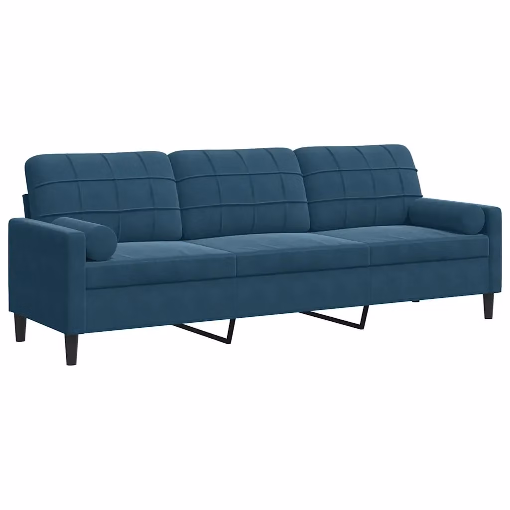 vidaXL Divano a 3 Posti in Velluto Blu con Cuscini e Coperture Rimovibili L: 226 cm, P: 80 cm, H: 77 cm – 2