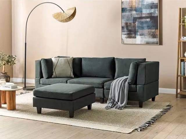 Divano Componibile Rivestito In Tessuto Verde Scuro 3 Posti con ottomano stile moderno
