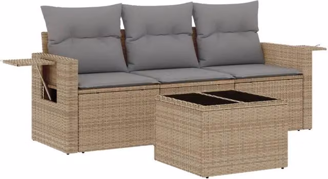 Set Salotto da Giardino Outsunny 4 Pezzi in Polyrattan con Cuscini Beige e Grigio e Tavolino da Esterno – 1
