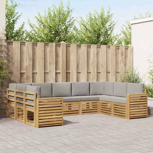 Set di divani angolari L vidaXL in legno di acacia massello con cuscini grigi e marroni per giardino e terrazzo – 1