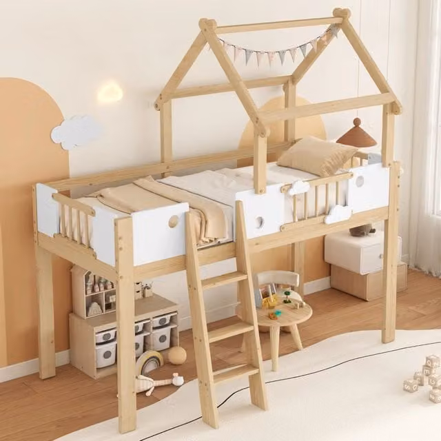 Letto a soppalco singolo REDOM in legno e MDF con struttura a casetta, colore bianco e beige, L/P/H: 90 x 200 cm