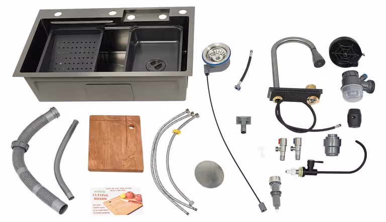 Lavello da cucina, design a doppia vasca, opzioni versatili per il rubinetto, grigio scuro