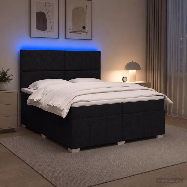 Letto Box Spring vidaXL con Materasso a Molle Insacchettate, Illuminazione LED Sotto il Letto e Porta USB, Tessuto Nero, L/P: 200 x 200 cm