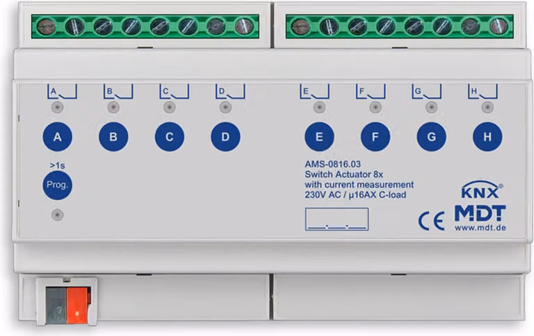 Attuatore di commutazione MDT a 8 vie, 8TE, REG, 16 A, 230 V CA, carico C con misurazione della corrente, 140 µF, 1 pz.
