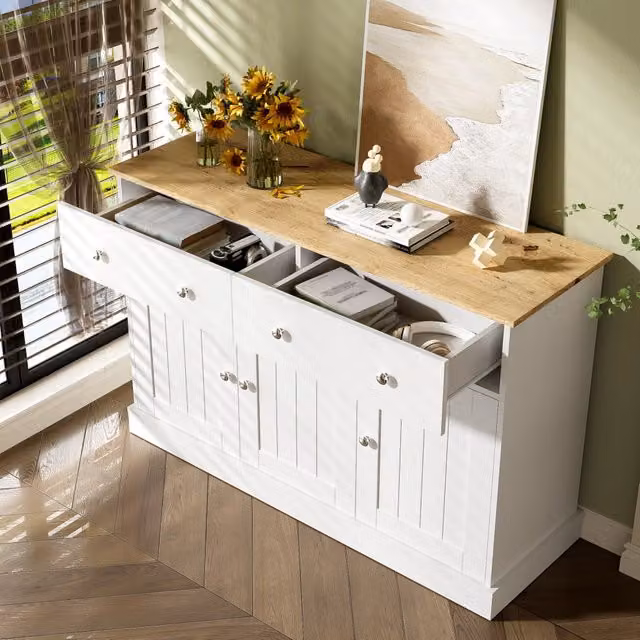 Madia moderna per soggiorno con 3 ante e 2 cassetti goffrati in truciolare bianco e finitura legno, L: 120 cm, P: 36 cm, H: 80,5 cm