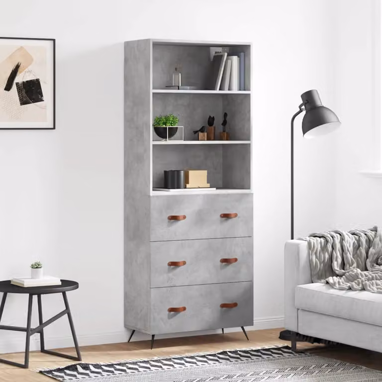 Credenza moderna vidaXL in legno multistrato e metallo, colore grigio cemento, L: 69,5 cm, P: 34 cm, H: 180 cm