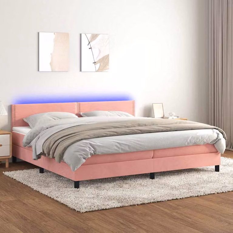 Letto a molle con materasso e illuminazione LED vidaXL in velluto rosa, L/P: 200 x 200 cm